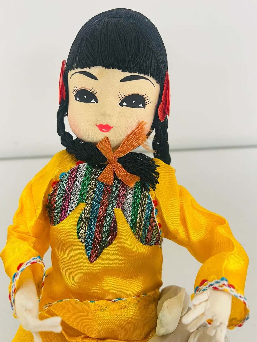 Vintage Bradley Style Asian Posable Doll in Yellow Silk Pajamas